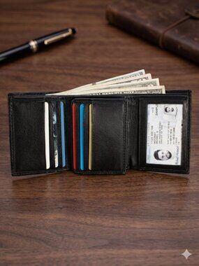 Men Wallet in Lambskin Leather Thin Trifold Black Classic Wallet